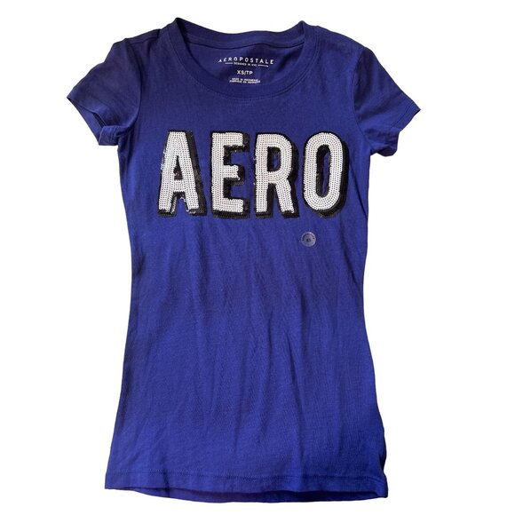 💖AERO blue crew short sleeve t shirt with sequin logo - Picture 1 of 1